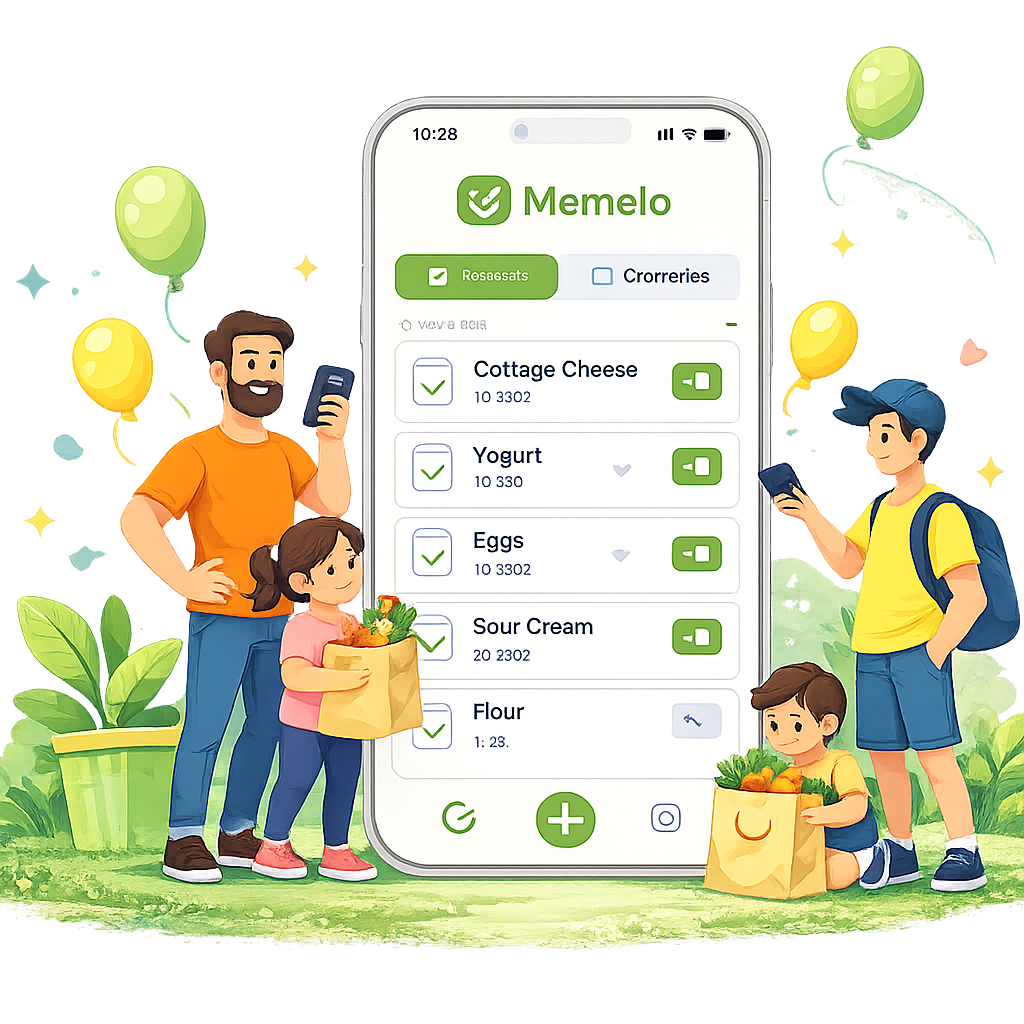 Memelo app interface showing family shopping list